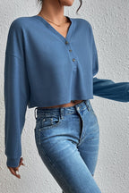 Ivy Lane Cropped V-Neck Raglan Sleeve Buttoned Blouse
