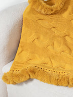 Fuzzy Hem Cable-Knit Poncho