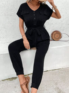Perfee V-Neck Short Sleeve Jumpsuit