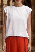 Perfee Decorative Button Round Neck T-Shirt