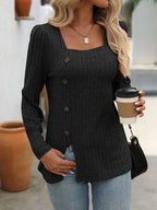 Mandy Decorative Button Striped Square Neck Long Sleeve T-Shirt