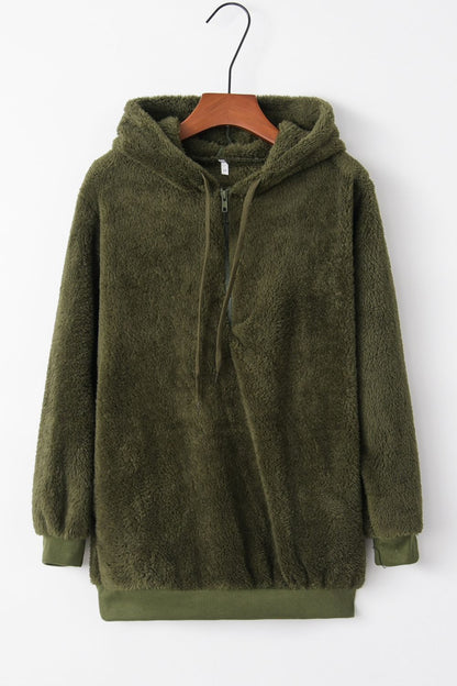 Full Size Quarter-Zip Drawstring Teddy Hoodie