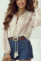 Frill Lace Detail Printed Tie Neck Long Sleeve Blouse