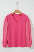Waffle-Knit V-Neck Long Sleeve Blouse