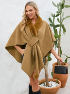 Fuzzy Trim Open Front Poncho