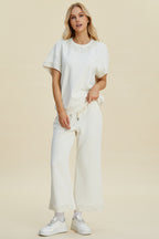 Double Take Full Size Pearl Detail Round Neck Top and Pants Set