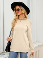 Ruched Shoulder Round Neck Long Sleeve Sweatshirt