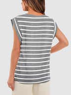 Striped Round Neck Cap Sleeve T-Shirt