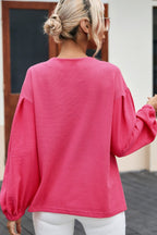 Waffle-Knit V-Neck Long Sleeve Blouse